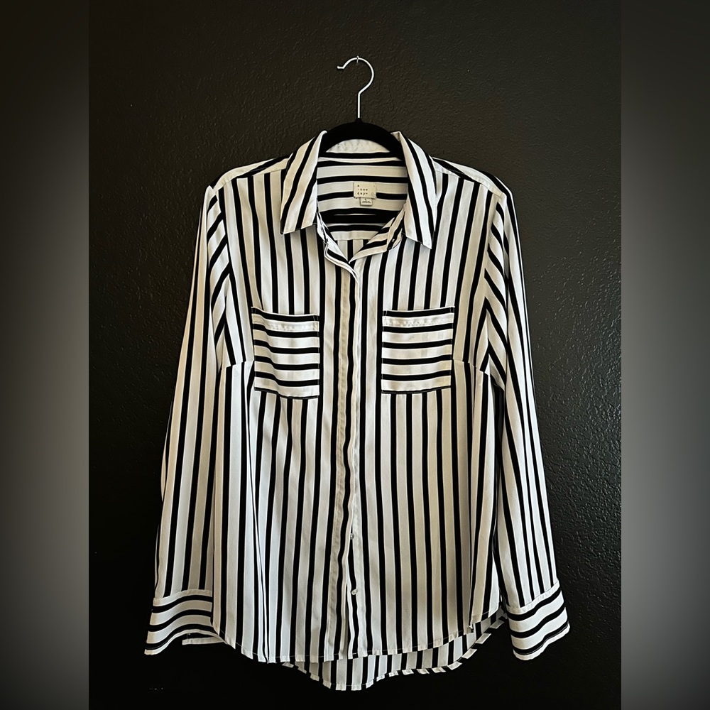 A New Day button up work blouse. Black and white stripe.